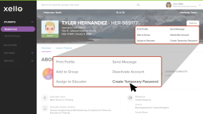 Educator account with student profile open. Options menu open with cursor hovering over Create Temporary Password